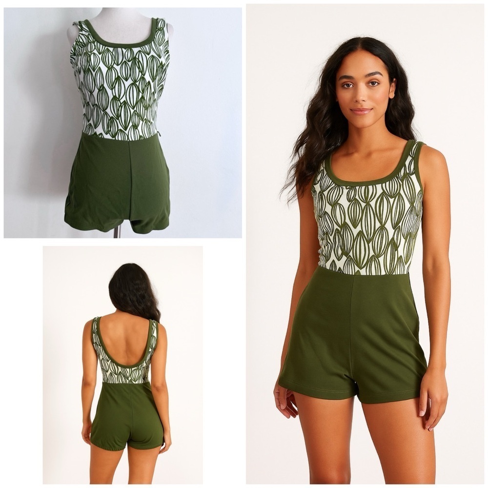 1960s Robby Len Leaves Oval Shapes Green One Piece Pinup Swimsuit Bathing Suit‌